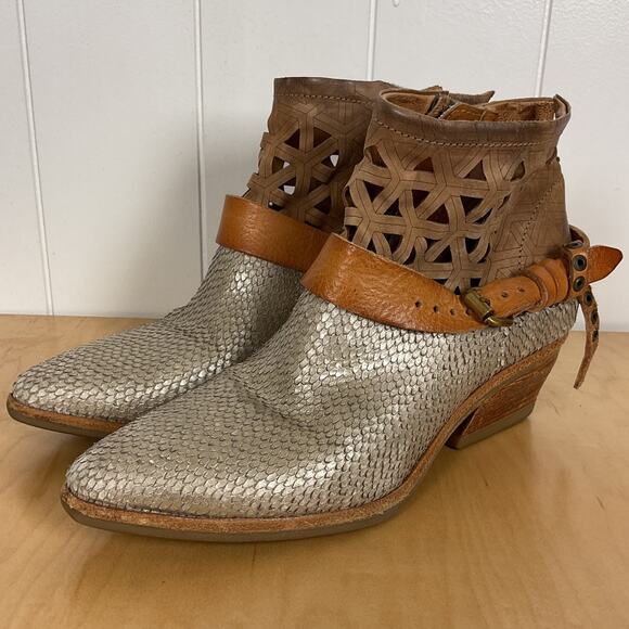 A.S. 98 Women's Ankle Boots in Tan and Silver Cut Out Leather Rear Zipper SZ 39 - Picture 4 of 7